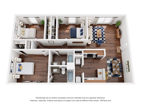 Floor plan for 3 beds, 2 baths, 1155 sqft